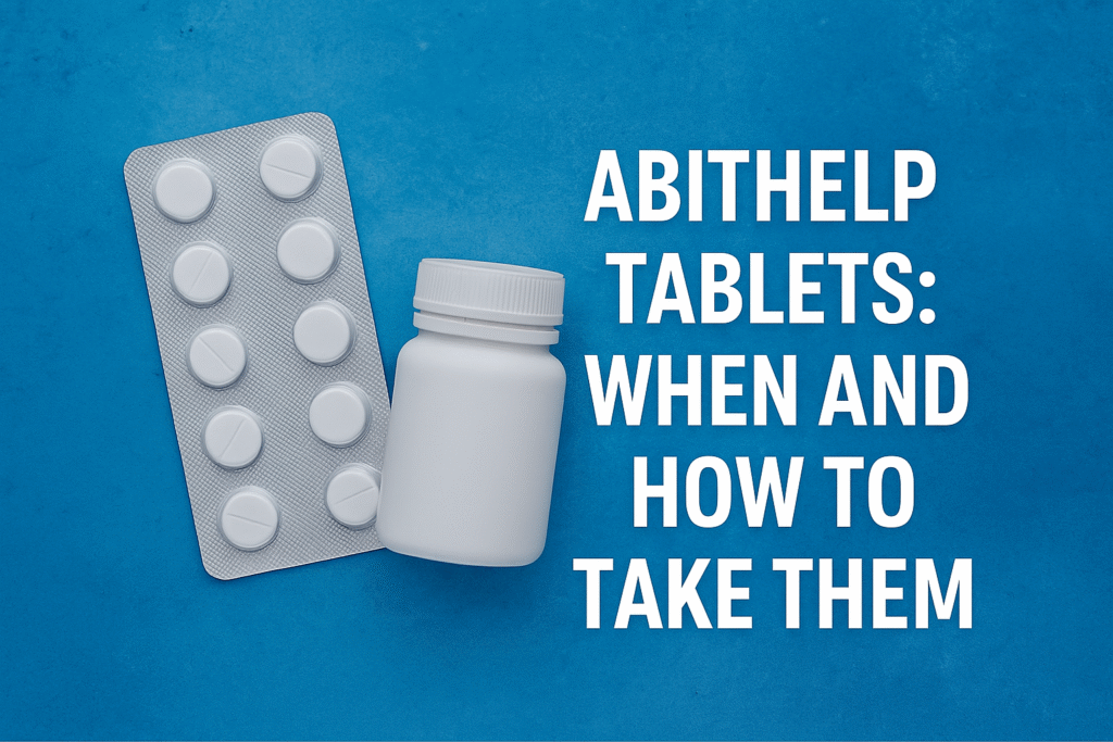 Blister pack and pill bottle labeled Abithelp Tablets on blue background