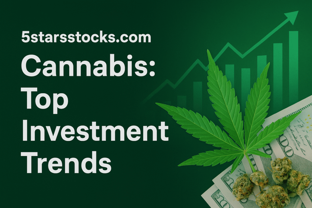 Cannabis investment trends with stock chart and marijuana leaf