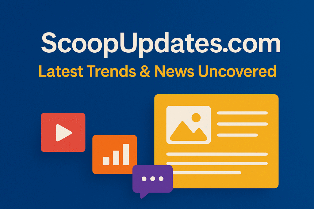 Digital design showing ScoopUpdates.com with icons for news, chat, video, and analytics