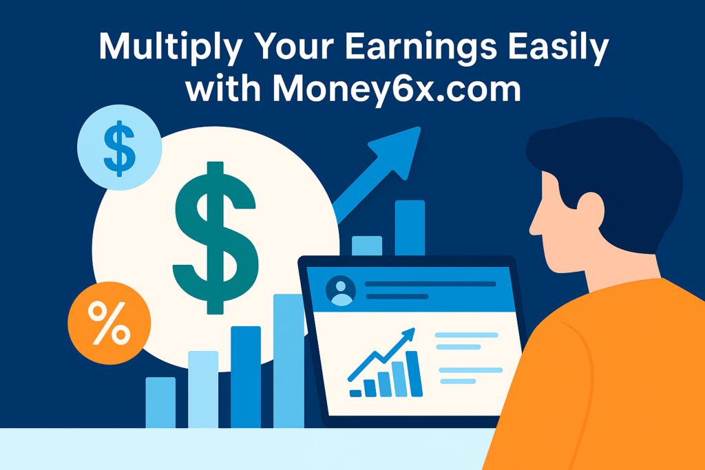 Illustration of a person using Money6x.com to track growing earnings with dollar symbols and bar graphs