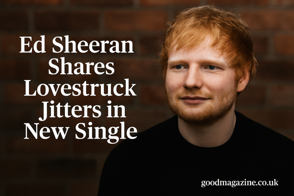 Ed Sheeran looked thoughtful with text about his new single and website branding