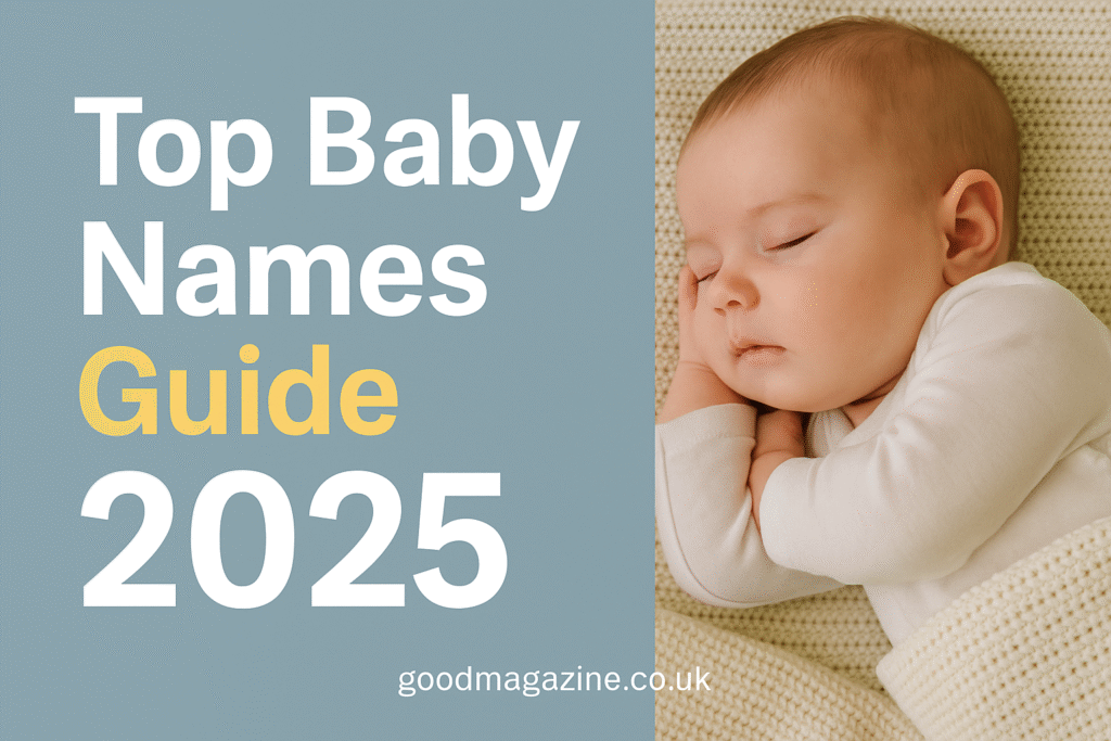 A baby peacefully sleeping beside the title "Top Baby Names Guide 2025"