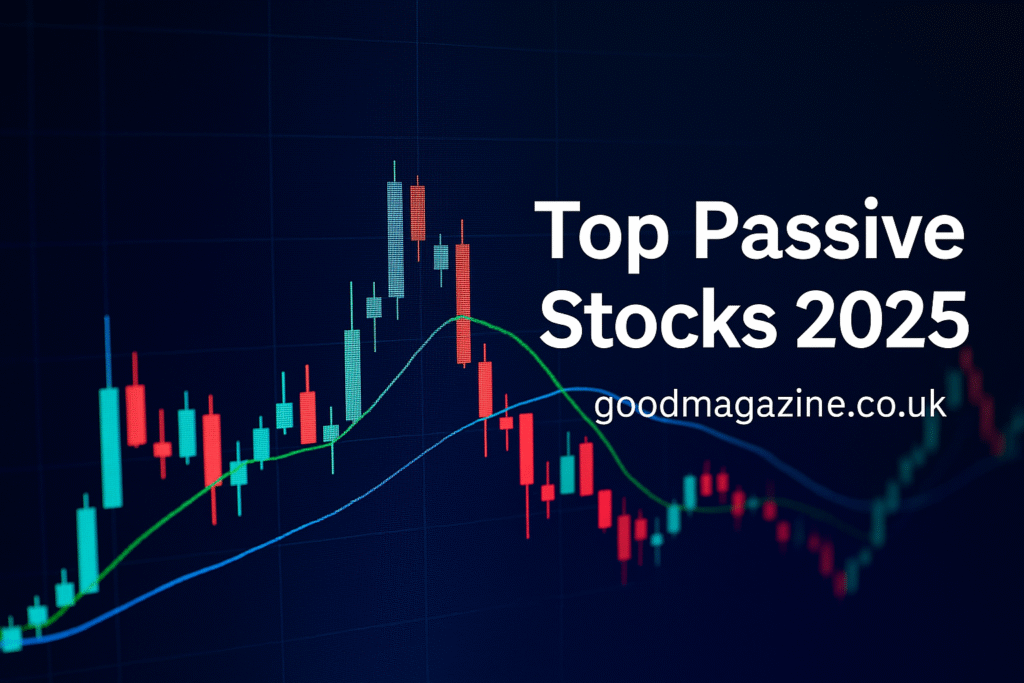 A stock market chart with candlesticks and moving averages beside the bold title "Top Passive Stocks 2025" and website name "goodmagazine.co.uk.