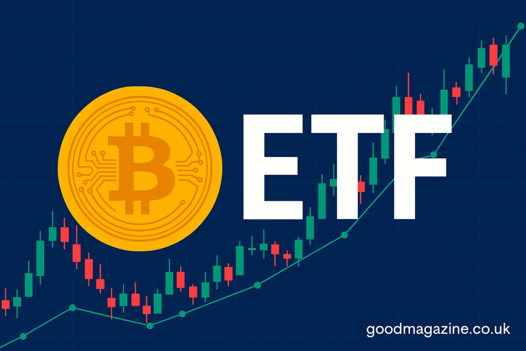 Bitcoin ETF chart illustration with coin symbol and upward candlestick trendline