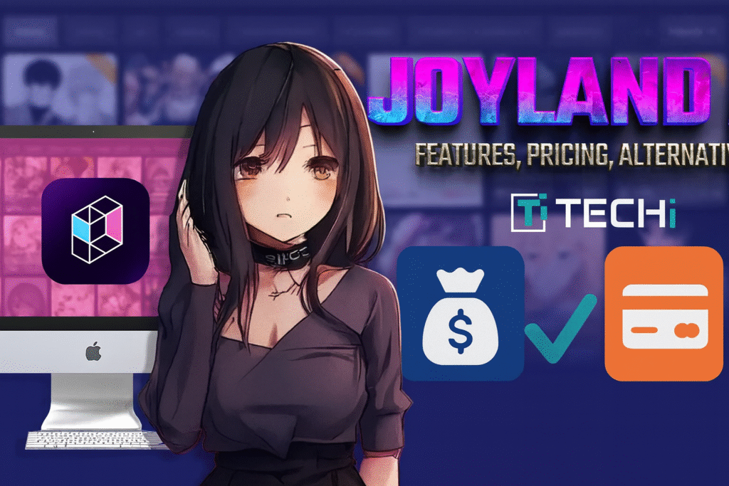 Joyland AI Review 2025: The Real Difference Between Free and Paid Features An anime-inspired woman beside a computer screen showing Joyland AIโs logo, with futuristic icons symbolizing free and paid features โ representing AI technology and digital creativity in 2025.