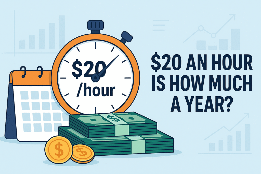 $20 an hour is how much a year salary calculation with clock and money illustration