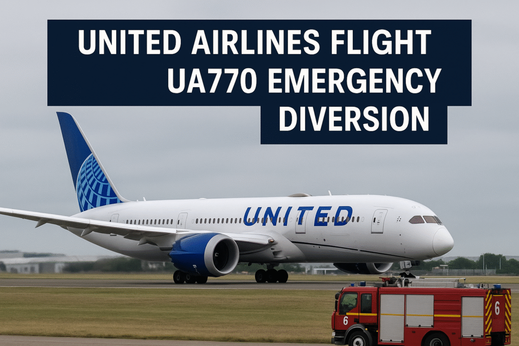 United Airlines Flight UA770 Emergency Diversion Story United Airlines Boeing 787 landing after emergency diversion with fire truck nearby