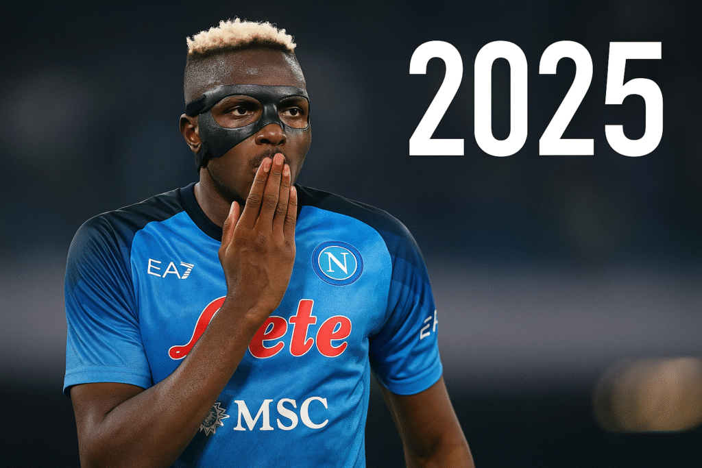 Victor Osimhen wearing a Napoli jersey and black mask during a 2025 moment of reflection on his career.