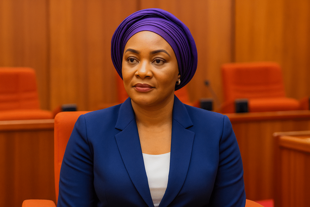 Nigerian Senator Natasha Akpoti-Uduaghan seated confidently in the Senate chamber, symbolizing her humble yet dignified political return.