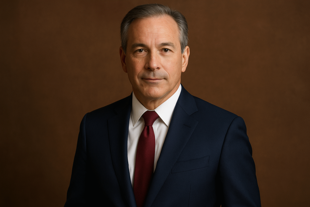High-quality portrait of businessman Paul DeRobbio wearing a navy suit and burgundy tie, posing confidently against a brown background.