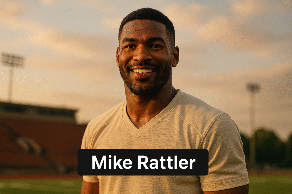 Mike Rattler smiling confidently on a sports field under golden sunset light