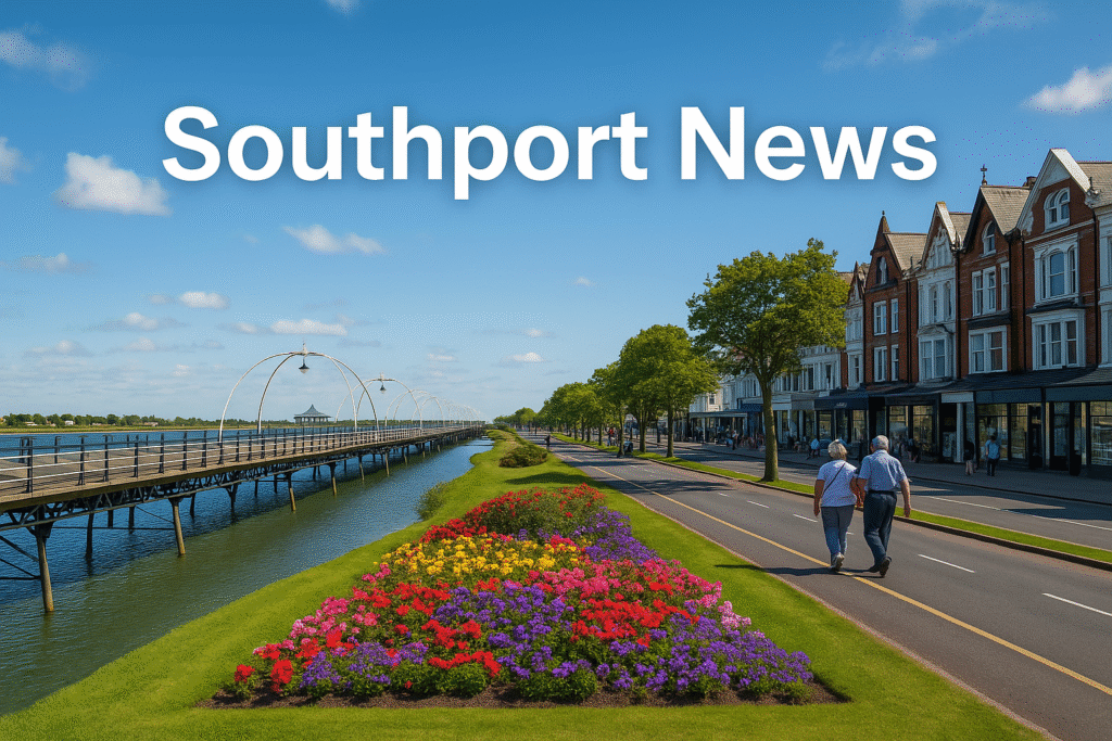 Southport News – The Beating Heart of a Coastal Community A scenic view of Southport’s pier and Victorian buildings under a bright blue sky, symbolizing the town’s lively community and local news spirit.