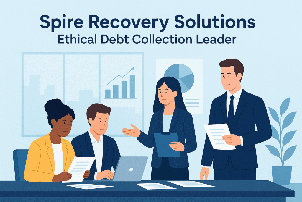 Illustration showing professionals collaborating on ethical debt collection strategies at Spire Recovery Solutions.
