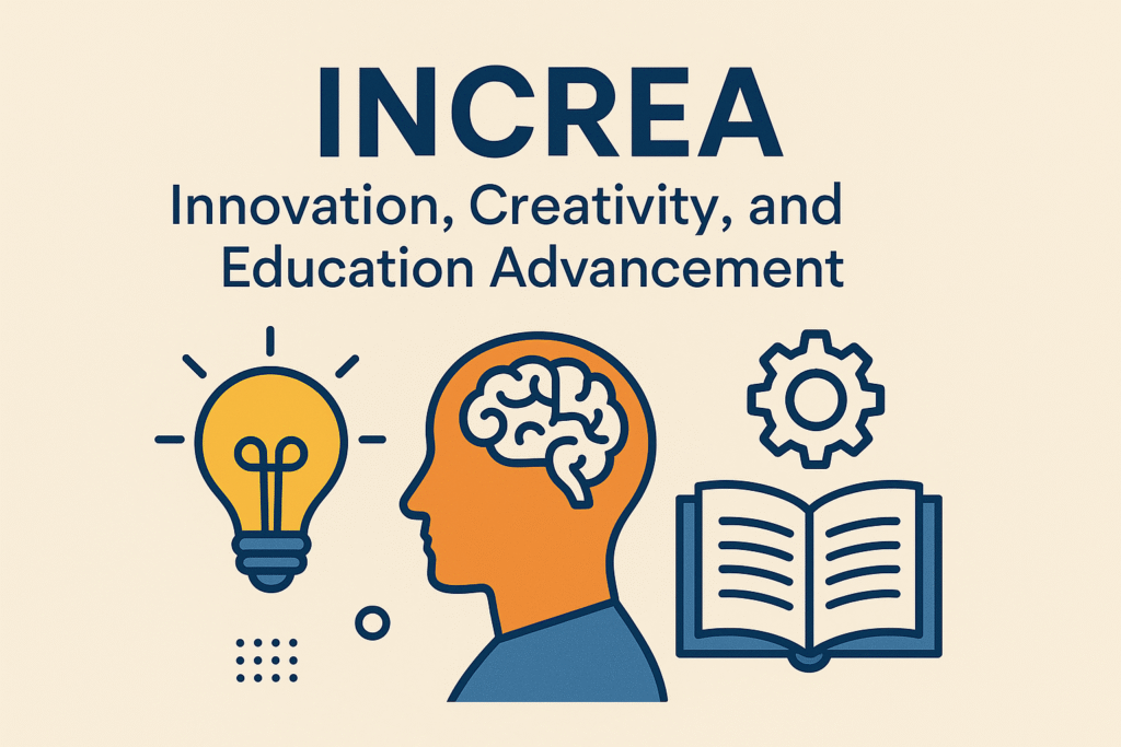 Illustration of INCREA concept showing innovation, creativity, and education with icons of brain, light bulb, book, and gear.
