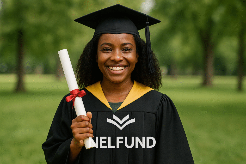 NELFUND: Empowering Nigerian Students Through Education Loans Nigerian student smiling in graduation gown holding a diploma representing NELFUND education support.