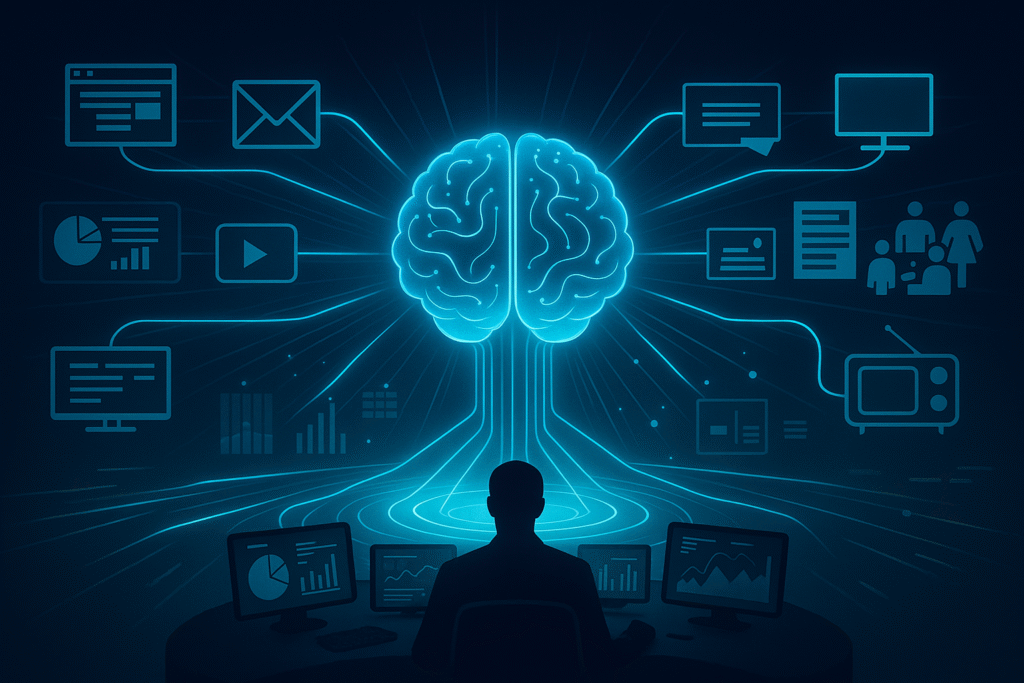 DualMedia AI: What Really Works in 2025 A futuristic visualization of AI Insights DualMedia — an AI-powered marketing command center connecting digital and offline channels through holographic data streams and analytics dashboards.