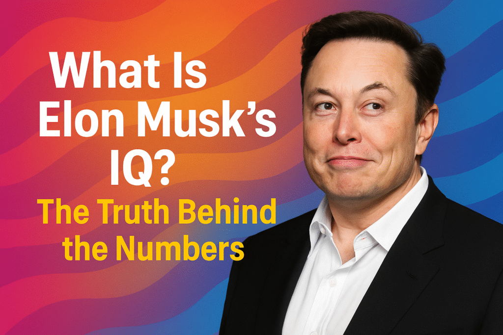 What Is Elon Musk’s IQ? The Truth Behind the Numbers A vibrant and colorful digital graphic featuring Elon Musk against a gradient background of pink, purple, and blue tones.