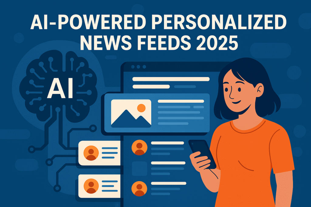 AI-Powered Personalized News Feeds 2025 A woman viewing AI-curated news on her smartphone with a digital interface and brain-shaped AI icon in the background, symbolizing personalized news feeds powered by artificial intelligence in 2025.