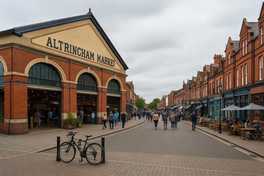 Altrincham Today: Where Heritage Meets Modern Living Altrincham Market and town centre with people walking, shops, and cafes.