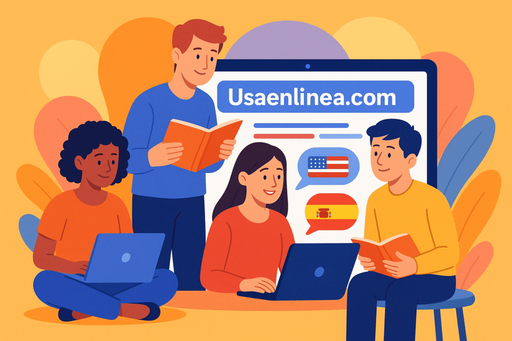 Illustration of learners using Usaenlinea.com for bilingual education and cross-cultural communication.