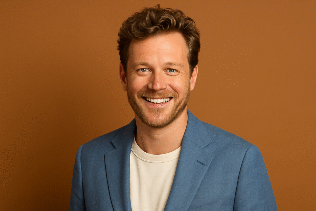 Bart Springtime: The Rise of a Dutch TV Icon A smiling Dutch man in a blue blazer posing confidently against a warm orange background, symbolizing charm and success in the entertainment industry.