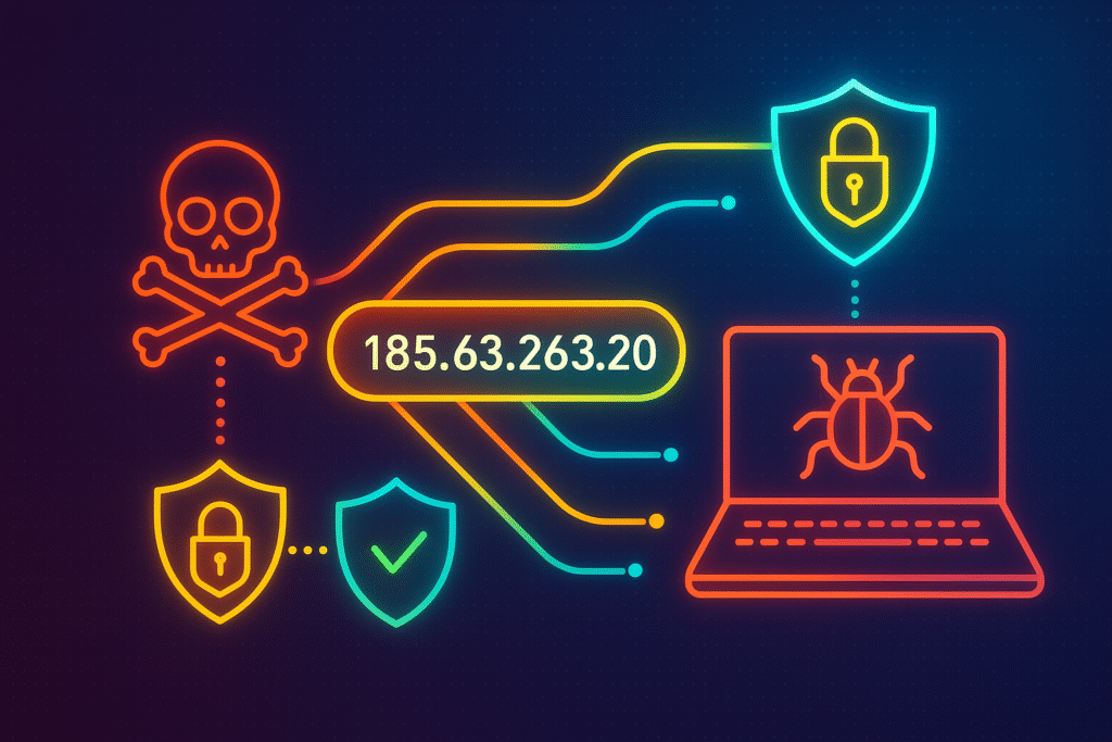 Network security visualization showing the risks linked to IP address 185.63.263.20 and ways to protect against cyber threats.